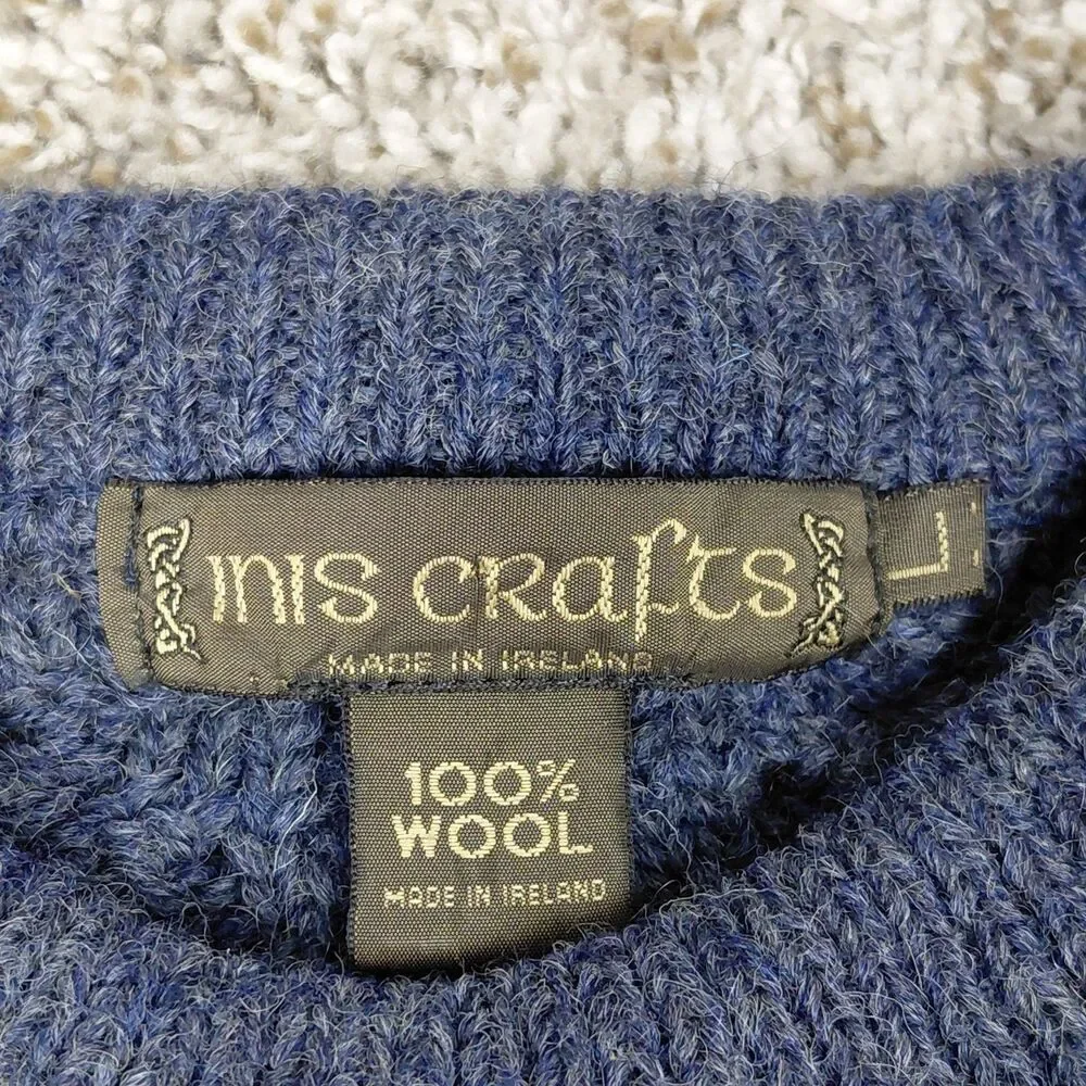 Inis Crafts Aran Knit Fisherman Cable Knit Sweater Mens Large Blue Wool Ireland
